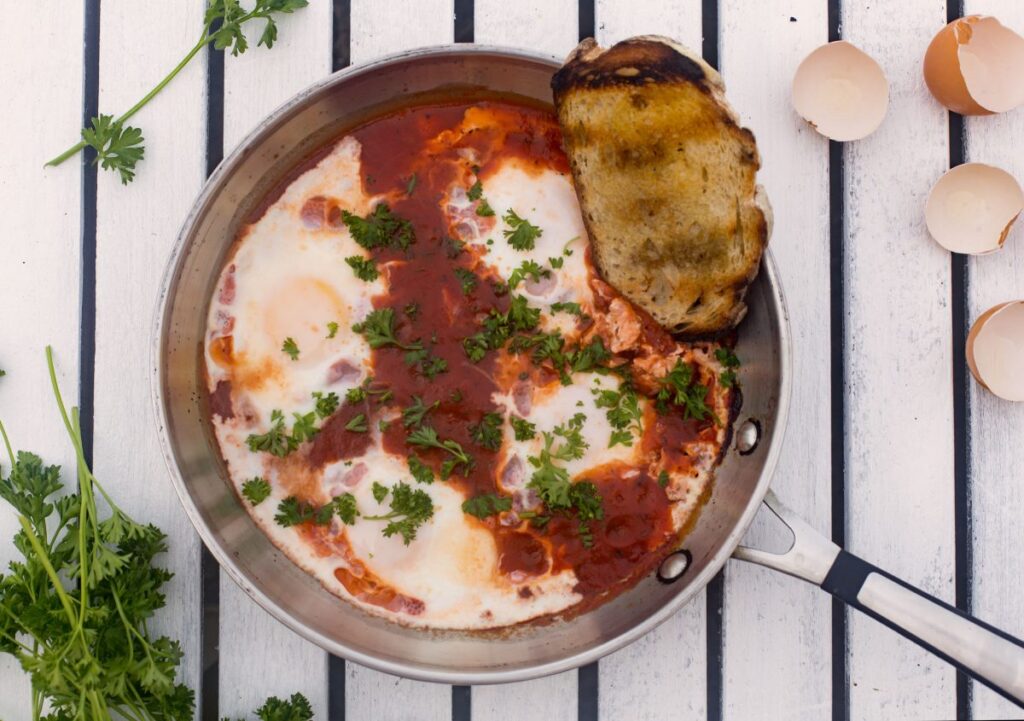 toast and eggs in skillet