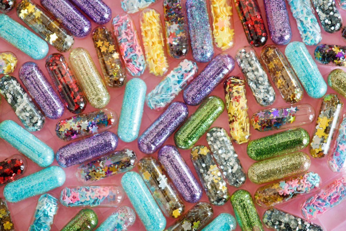 rainbow colored pill capsules
